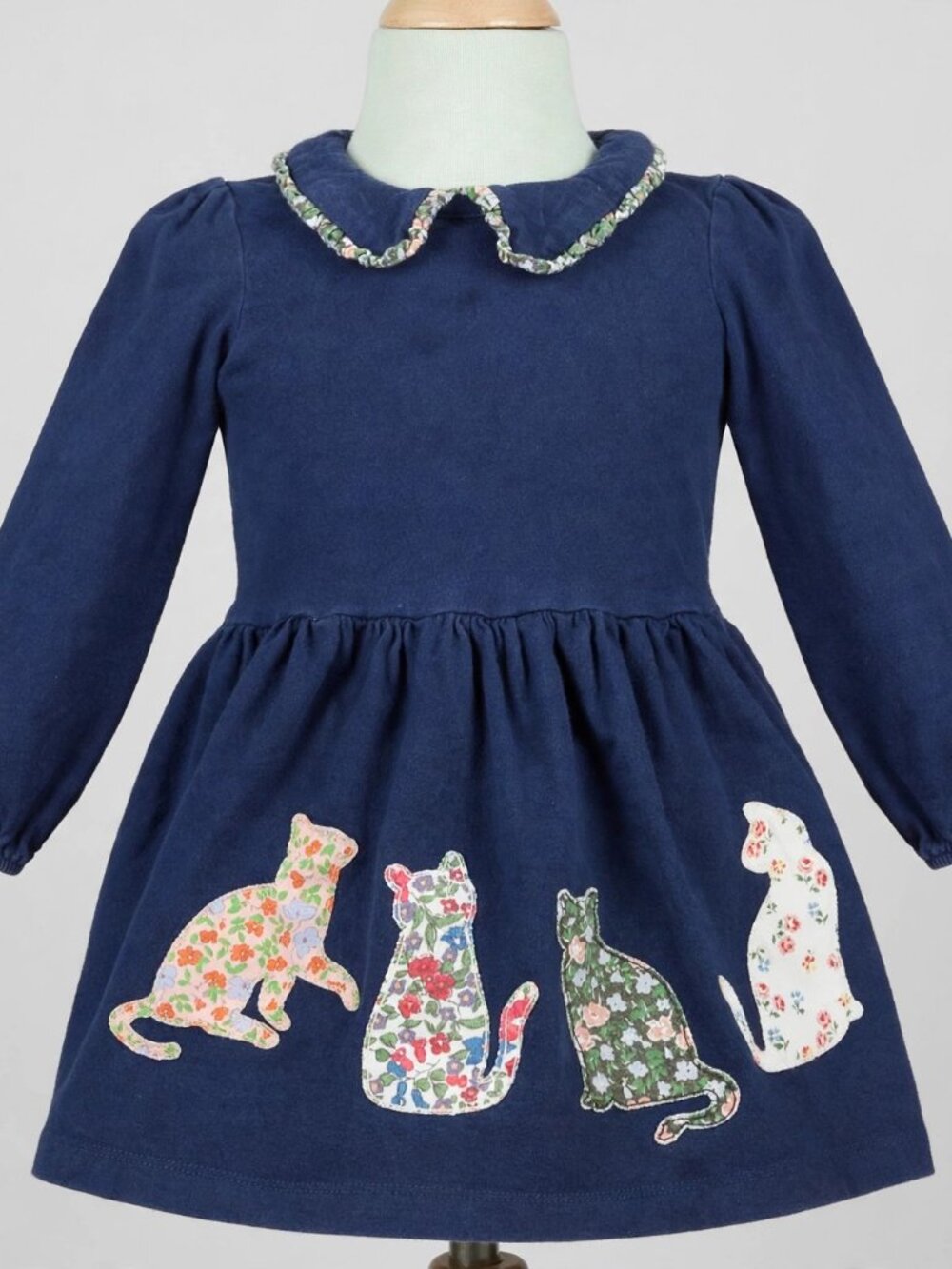Mini Boden Navy Cat Applique Dress 2-3Y Long Sleeve Peter Pan Collar